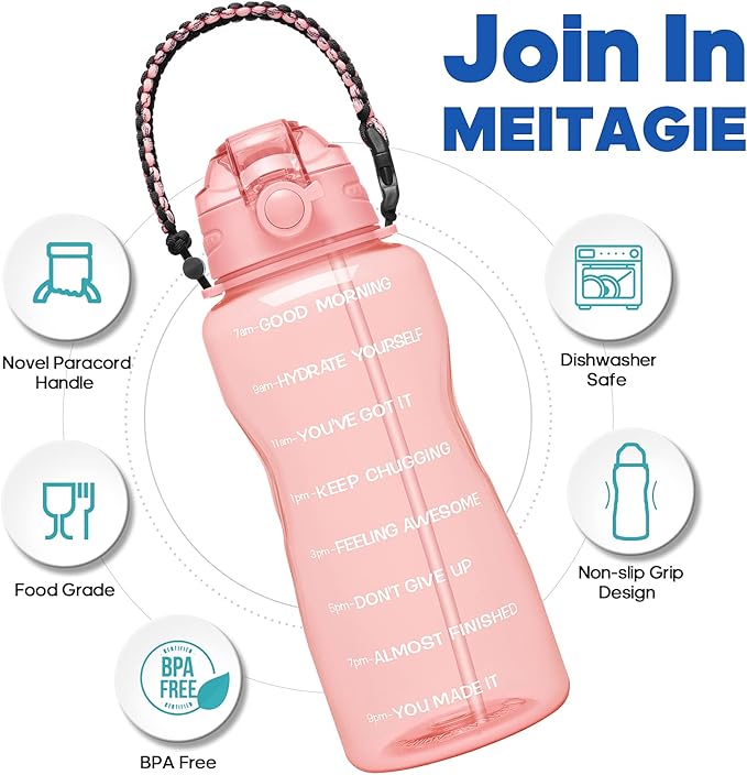 Water Bottles 1 / Half Gallon with Time Marker and Straw, Large Fitness Sports Motivational Bottle, Wide Mouth Leakproof and BPA Free for Travel, Gym,office,school