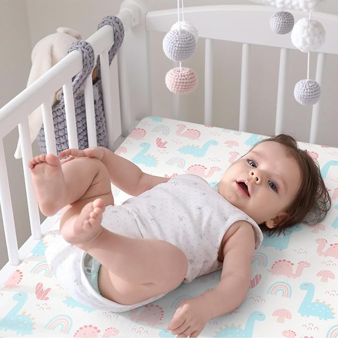 Pack n Play Fitted Sheet .2 Piece Mini Crib Sheet Stretch Playard Sheet Portable Sheet Set. Elastic Convertible Playard Sheet Set Compatible with Graco Pack n Play (Rainbow and Dinosaur Park)