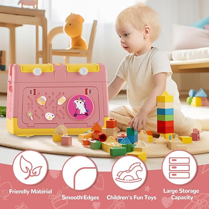 Toy Box Chest with Lid, Unicorn Collapsible Storage Organizer for Kids Boys Girls, Plastic Stackable Toddler Toy Bins with Double Door Lid (Pink)
