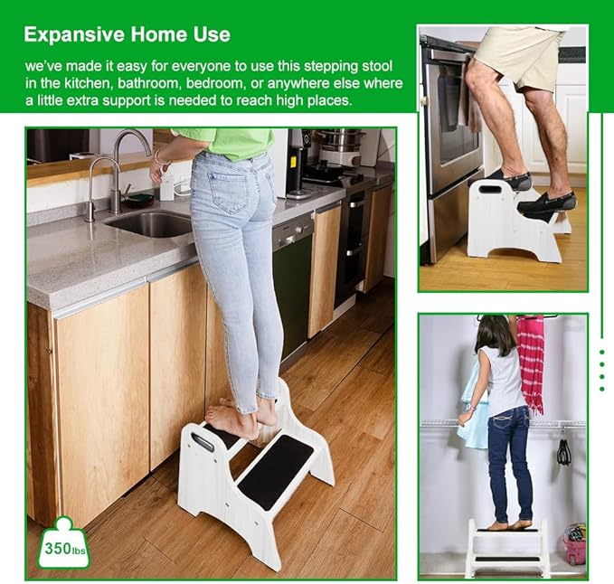 StrongTek Wood 2 Step Stool for Kids with Non-Slip Stepping Surface, Portable Handles, Skid Resistant Foot Pads, and 300 lbs. Capacity, Multipurpose Heavy-Duty Support (White)