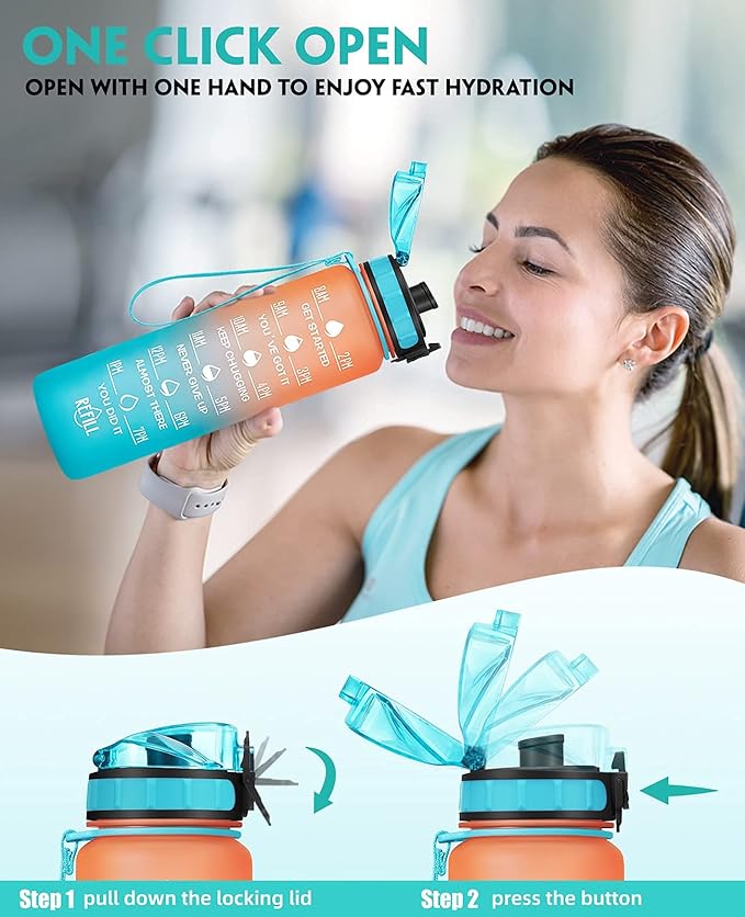 32oz Motivational Water Bottle with Time Marker & Fruit Strainer, Leak-proof BPA Free Non-Toxic Bottle with Carrying Strap, Perfect for Fitness, Gym and Outdoor Sports