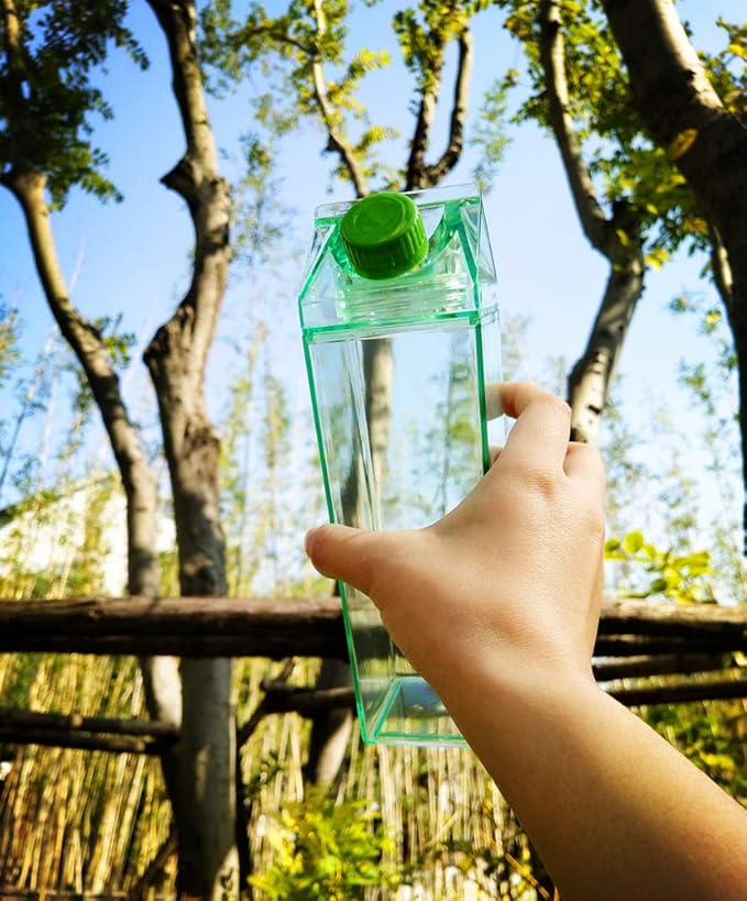 Jinberry 500ml/17Oz Cute Leakproof Green Milk Carton Water Bottle Portable Drinkware for Outdoor Climbing Tour or Camping