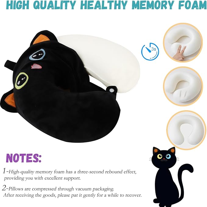 Kids Neck Pillow for Travel with Sleep Eye Mask, Cute Travel Neck Pillow, Memory Foam Cartoon Flight Sleeping Headrest Pillow for Boys & Girls, Airplane, Train, Car, Home Use - Smart Black Cat
