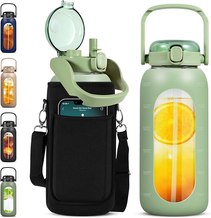Glass Water Bottles 64 oz - Large Half Gallon Motivational Water Bottle with Time Marker Straw Phone Holder Handle, 64oz Daily Water Intake Jug with Silicone Sleeve for Office Work Gym Aqua