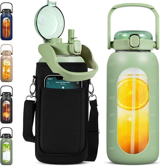 Glass Water Bottles 64 oz - Large Half Gallon Motivational Water Bottle with Time Marker Straw Phone Holder Handle, 64oz Daily Water Intake Jug with Silicone Sleeve for Office Work Gym Aqua