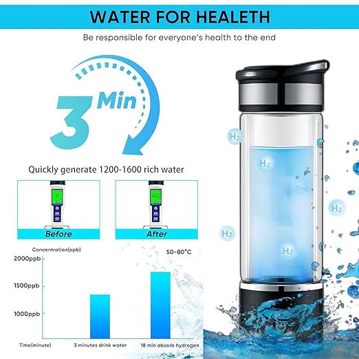 Hydrogen Water Bottle Generator 350ml Hydrogen Water Generator Portable Alkaline Water Machine Double Layer Glass Alkaline Water Bottle 1000-1200ppb Water Ionizer USB Alkaline Water Filter Bottle