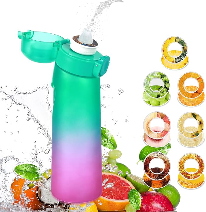 Water Bottle with Flavor Pods 21.9 Oz/650ml Fruit Fragrance Water Bottle Recyclable Sports Air Water Cup Scented Pods for Outdoor (Green Purple)