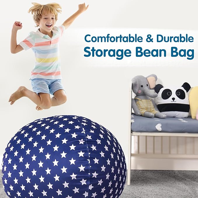 Lukeight Stuffed Animal Storage Bean Bag Chair Cover for Kids, Zipper Beanbag Chair Cover for Organizing Toddler and Kids' Rooms Plush Toys (Stars Navy Velvet, X-Large)