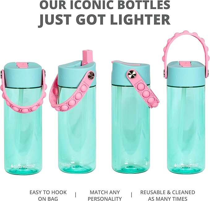 Elemental Leak Proof Water Bottles for Kids - Splash Kids Water Bottle for School with Fun Fidget Pop-it Handle - Tritan Plastic Water Bottle with Straw - Pink Unicorn & Robins Egg - 18oz (2 Pack)