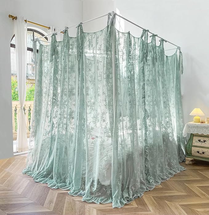 Mengersi Canopy Bed Curtains with Tie Backs,Bed Canopy Curtains Bed Drapes Sheer Lace Curtains for Bedroom Decor（Queen,Sage Green