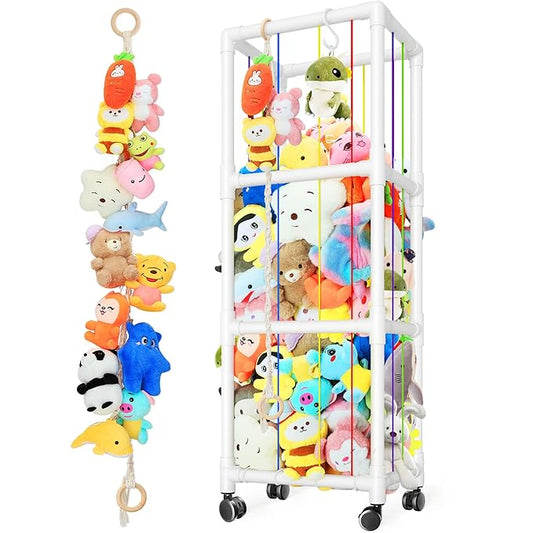 Stuffed Animal Storage with Hanging Chain, 2 in 1 Movable Stuffed Animal Zoo, Large Capacity Stuff Animal Toy Storage Organizer Holder for Nursery Playroom Bedroom Kid Room (White)