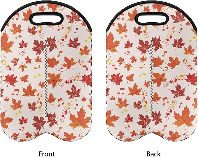 doginthehole Wine Carrier Tote 2 Bottle Champagne Bottle Protector Sleeve Pouch Fall Maple Leaf Musical Note Print Wine Bottle Packag Bag Wine Bags for Travel, Picnic, Party