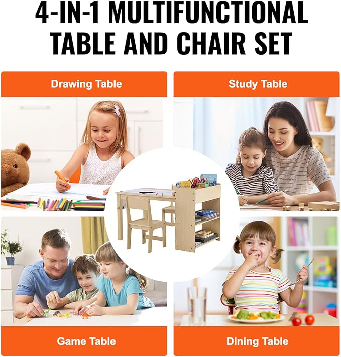 VEVOR Kids Art Table and 2 Chairs, 2-in-1 Toddler Craft and Play Activity Table, Wood Toddler Table and Chair Set with A Cabinet for Art, Craft, Reading, Learning