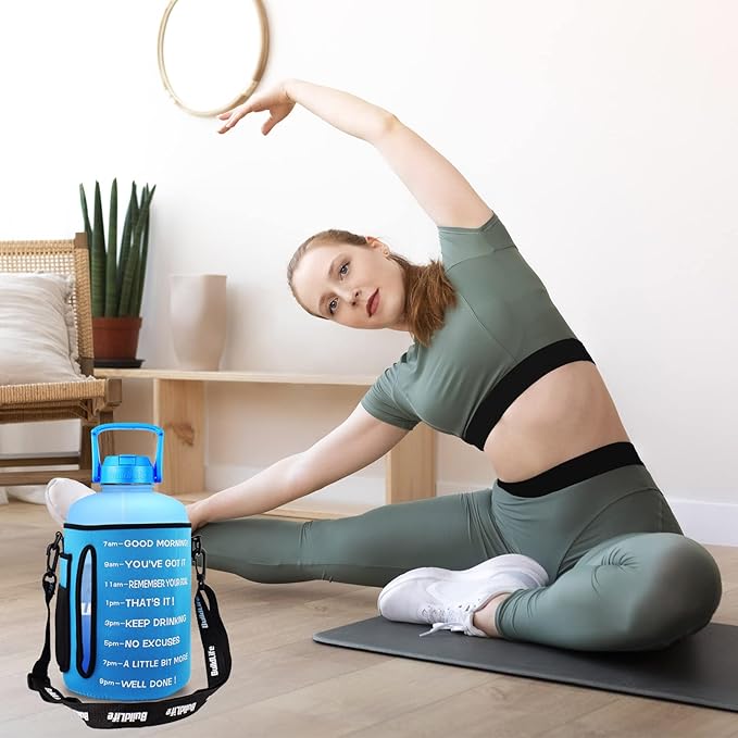 QuiFit 1 Gallon Water Bottle - with Straw & Motivational Time Marker Leak-Proof BPA Free Reusable Gym Sports Outdoor Large(128OZ) Capacity Water Jug(Blue/Blue with Sleeve,1 Gallon)