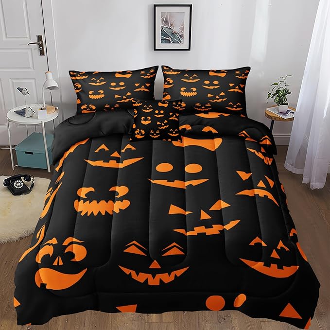 Bedbay Halloween Queen Comforter Set Black Orange Ghost Bedding Set for Kids Boys 4 Pcs Soft and Breathable Comforter Halloween Room Decor(Orange,Queen)