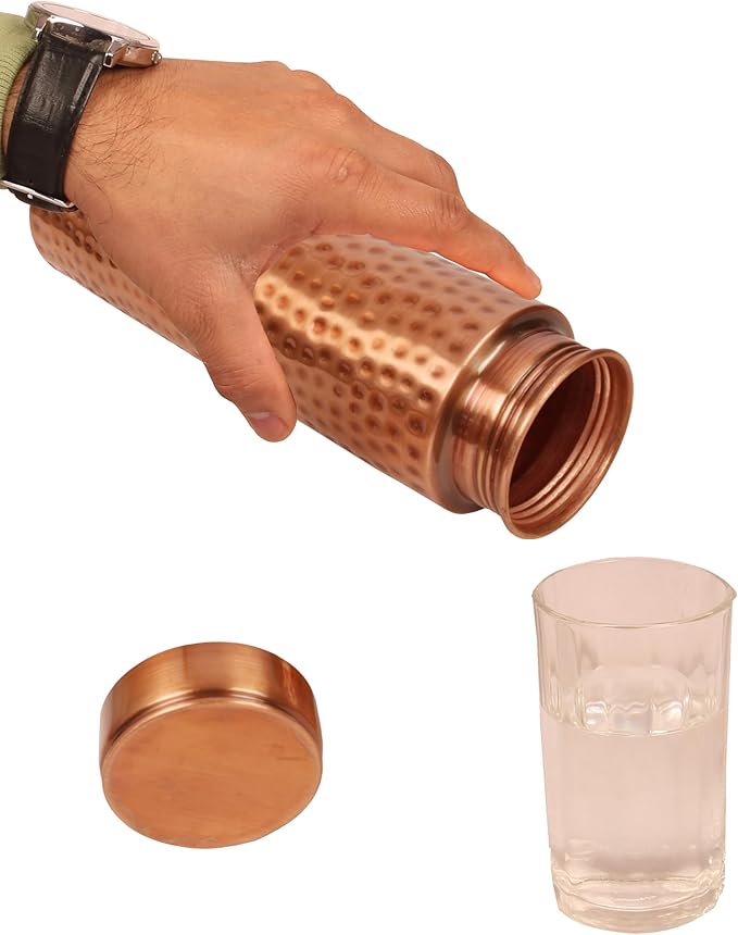Pure Copper Water Bottle - Handcrafted - Ayurveda Health Benefits - 33 OZ - Leak proof - Easy to carry for Sports, Fitness, Yoga, School - Hammered Copper Matte Finish Vintage.