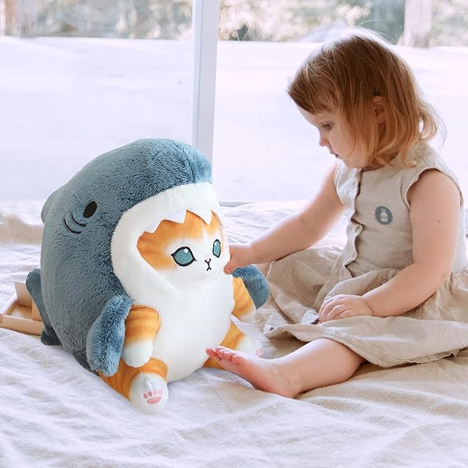 Kawaii Shark Cat Plush Toy Stuffed Animal Doll, Cute Soft Pillow Stress Release Hugs Toys Christmas Halloween Birthday Gifts for Kids Boys Girl Best Gift (Blue - Yellow,19 inch)