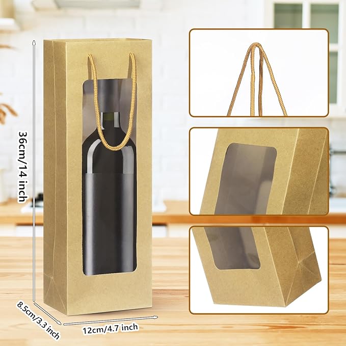 Megitzuu Wine Bottle Gift Bags With Window, 10 Pack Reusable Kraft Paper Gift Bags for Wine Bottle Birthday Party Wedding Bridal Shower
