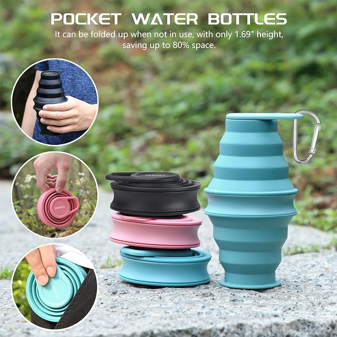 Nefeeko Collapsible Water Bottle,17oz(500ml) Reuseable BPA Free Silicone Foldable Water Bottles for Travel Gym Camping Hiking, Portable Leak Proof Sports Water Bottle with Carabiner