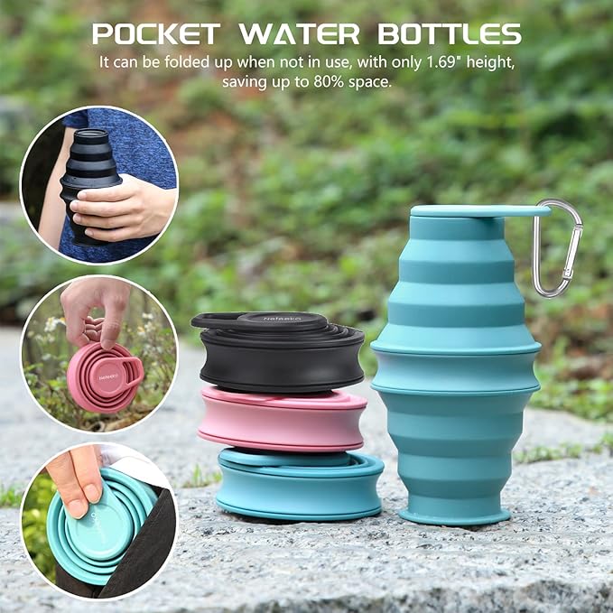 Nefeeko Collapsible Water Bottle,17oz(500ml) Reuseable BPA Free Silicone Foldable Water Bottles for Travel Gym Camping Hiking, Portable Leak Proof Sports Water Bottle with Carabiner