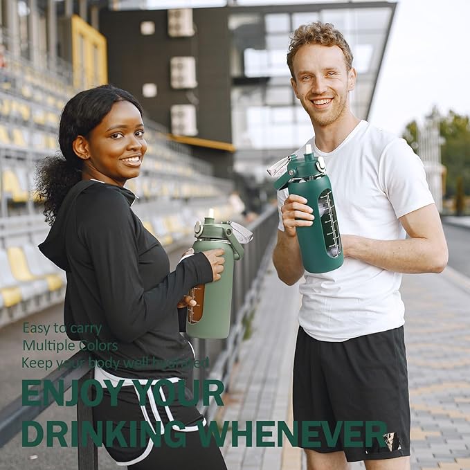 kytffu 56oz Glass Water Bottles with Straw, Motivational Glass Bottle with Silicone Sleeve and Time Marker, Leakproof Large Glass Water Jug for Gym Home Office,Ink green