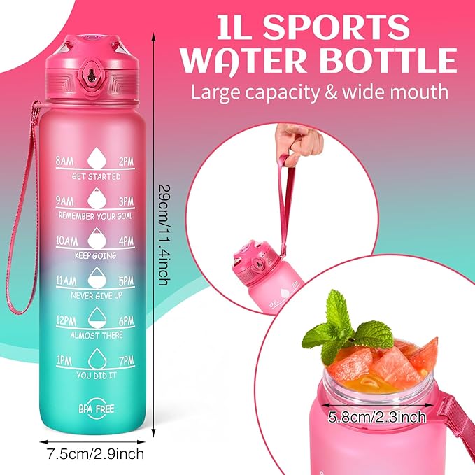 Water Bottle 32 oz, Motivational Sports Water Bottles Tritan BPA Free Water Bottle No Straw With Time Marker, Wide Mouth Leakproof Water Bottle with Strap for Gym Fitness Hiking Bike Camping - Pink