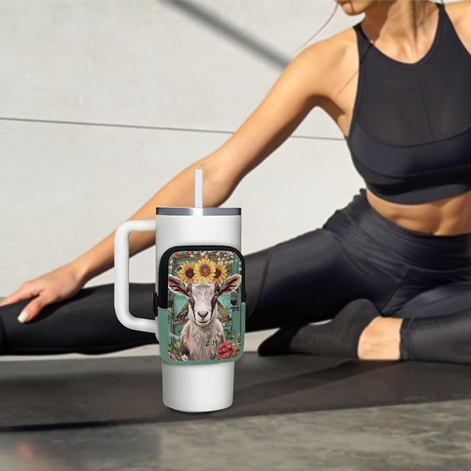 Goat Sunflower Stanley Cup Pouch with Adjustable Strap Water Bottle Storage Bag 20oz-40oz IceFlow Tumbler Pouch for Stanley Accessories