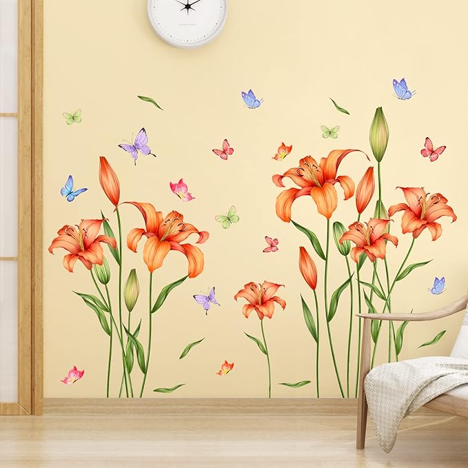 Amaonm Removable DIY Orange Lily Flower wall Sticker Peel and Stick Floral Butterfly Leaf Plant Vine Wall Decals for Kids Girls Boys Bedroom Living Room Nursery Classroom Playroom Office Bathroom Wall Background Decoration