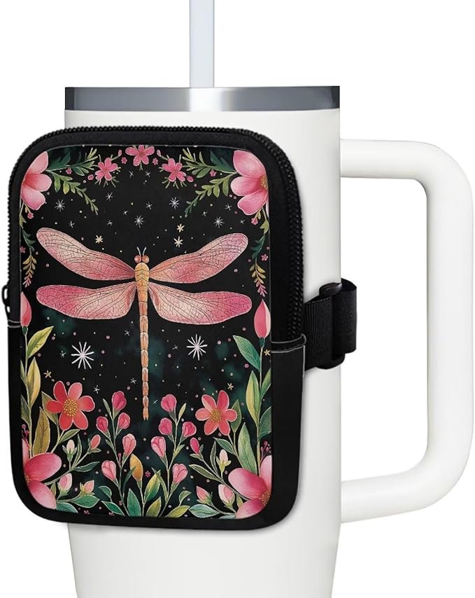 Dragonfly Flower Stanley Cup Pouch with Adjustable Strap Water Bottle Storage Bag 20oz-40oz IceFlow Tumbler Pouch for Stanley Accessories