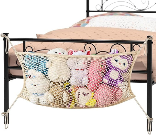 Stuffed Animal Storage Net for Kids, Bedside Toy Organizer Net - Neatly Store Your Stuffed Animals, Cotton Bedside Stuffed Animal Storage Net with Tether, Stretches up to 32 Inches, Beige