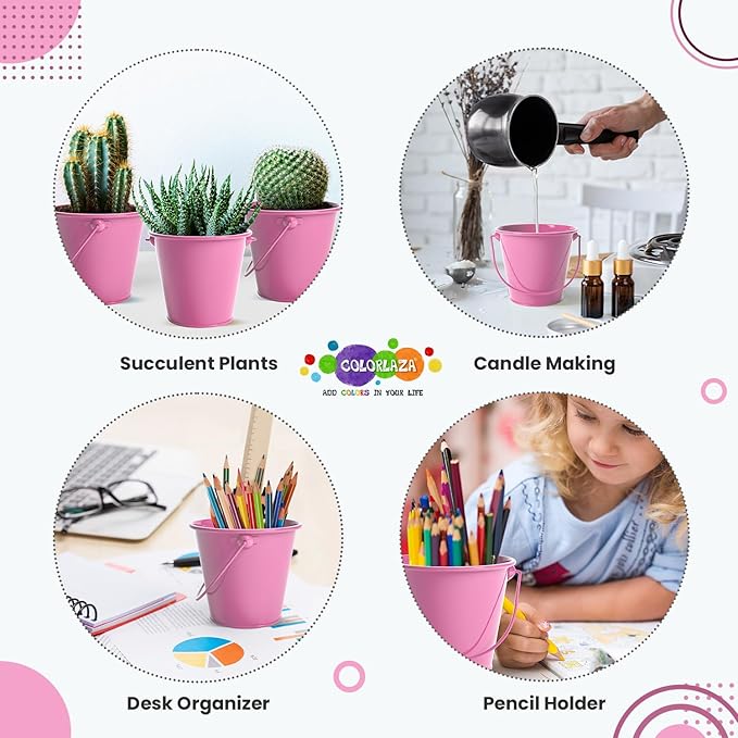 Small Metal Buckets with Handle 6 Pcs – Galvanized Bucket Leak Proof & Rust Resistant 20 fl oz Capacity - Best for Party Décor, Organizing & Decorating Classrooms (Pink, Small 4.3" Top)