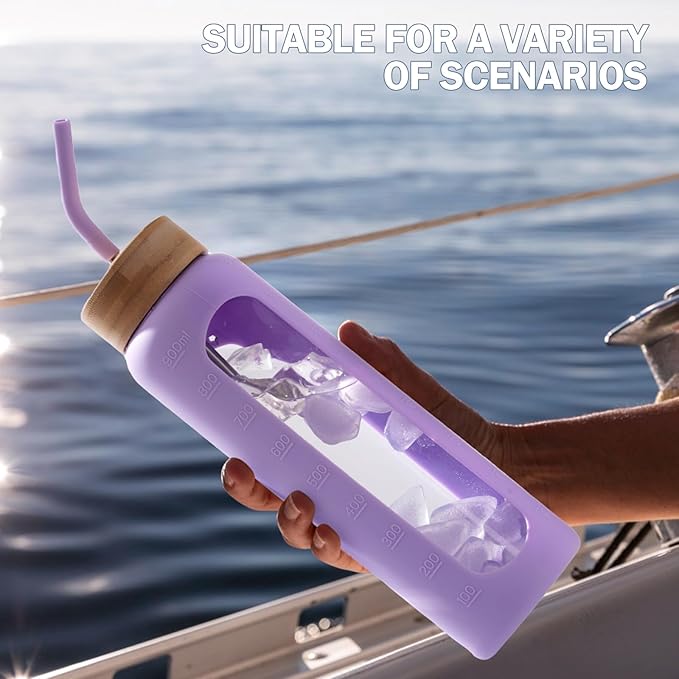 Glass Water Bottles with Straw -32oz- Water Bottle Phone Holder for Gym Large Motivational Water Bottle with Time Marker Glass Drinking Bottles 2 Lids - Spout & Bamboo Straw Lid(Purple)