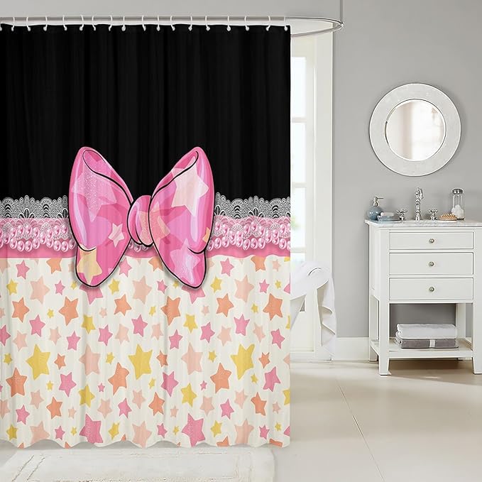 Feelyou Bowknot Shower Curtain 72"x78" Kids Galaxy Starts Print Bathroom Shower Curtain Set for Boys Girls Teens Butterfly Romantic Princess Style Bath Curtain Black Pink Bathroom Accessories