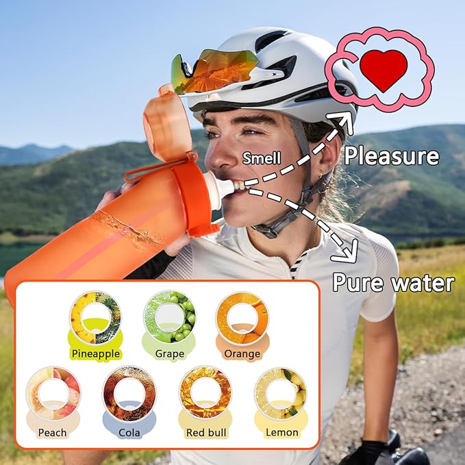 Water Bottle with Flavor Pods 21.9 Oz/650ml Fruit Fragrance Water Bottle Recyclable Sports Air Water Cup Scented Pods for Outdoor (Orange)