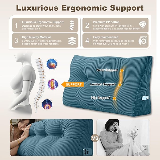 Headboard Pillow - Queen-Sized Headboard Wedge Pillow for Daybeds and Bunk Beds - Durable, Comfortable, with Removable Velvet Cover (Navy Blue, 76x20x8Inches)