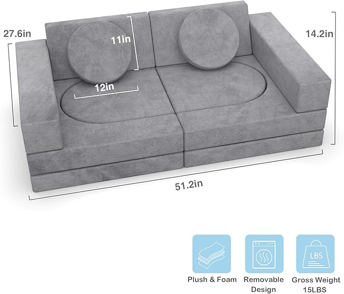 Kids Couch, 12PCS Modular Kids Play Couch with Blanket, Kids Sofa Couch for Playroom & Indoor, Convertible Toddler Couch for Girls and Boys