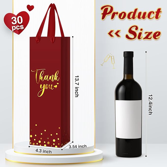 Ctosree 30 Pcs Wine Gift Bag for Wine Bottle Wedding Wine Thank You Gift Bag with Metallic Gold Foil Print Kraft Wine Paper Favor Bag with Attractive Rope Handle for Graduation Bottle(Burgundy)