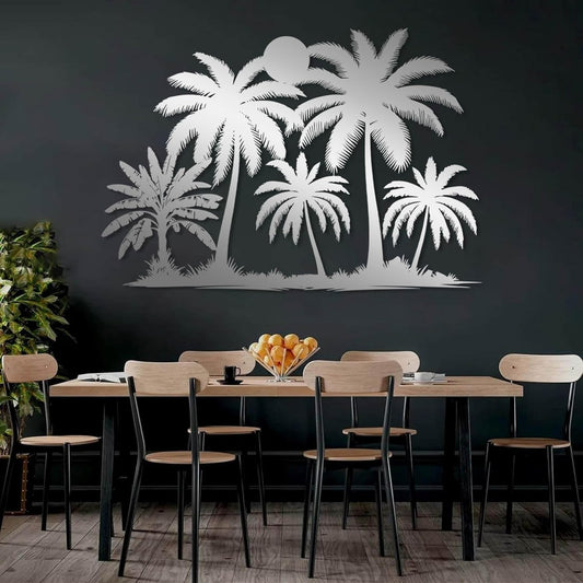 Tuglona Metal Palm Tree with Sunset Wall Decor, Tropical Palm Tree Metal Wall Art, Tropical Wall Decor, Sun Wall Art, Beach Wall Decoration, Coastal Trees Wall Hanging (Silver, 53"x37"/135x93cm)