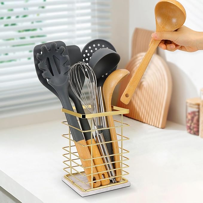 Square Kitchen Utensil Holder, Sturdy Metal Rack for Countertop Storage, Cooking Tools Organizer with Drainage Hole, Stylish Utensil Caddy for Effortless Kitchen Organization, with Marble Base