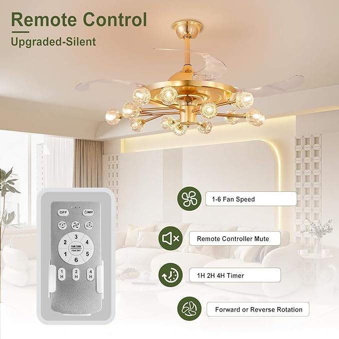 Sputnik Crystal Ceiling Fan Chandelier: 42" Gold Fandelier Ceiling Fans with 15 Lights and Remote Modern - Retractable Fandelier Ceiling Light for Living Dining Room Kitchen Bedroom