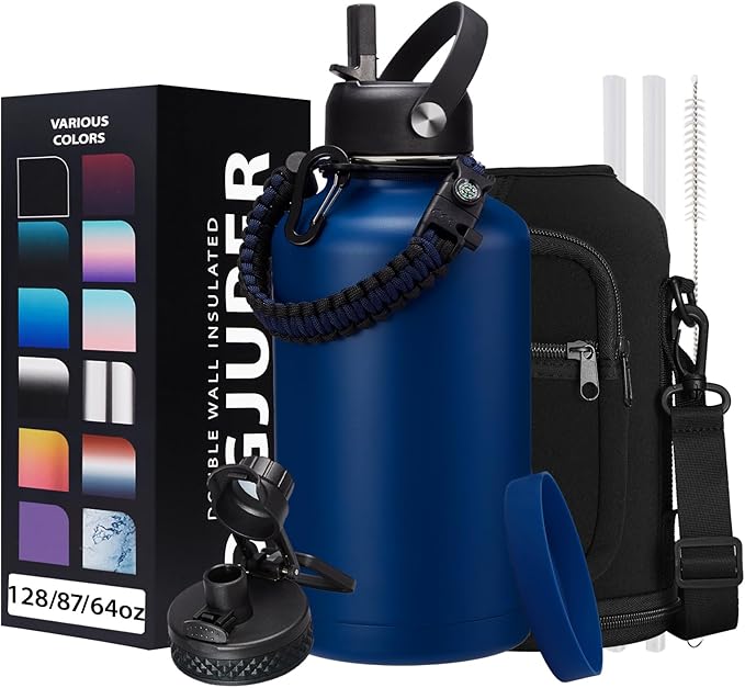 64OZ Insulated Water-Bottles with Straw - Spout Lid, Stainless Steel Metal Water Jug Keep Cold 48h/Hot 24h, Half Gallon Water Bottle w/ Paracord Handle & Carry Sleeve Strap for Hiking Camping Sport
