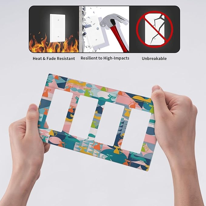 Mid Century Modern Atomic Cute Cats 4 Gang Rocker Decora Light Switch Cover Outlet Covers Wall Plate Decorative Switchplate Electrical Faceplate GFCI for Kidroom Nursery Bedroom Decor