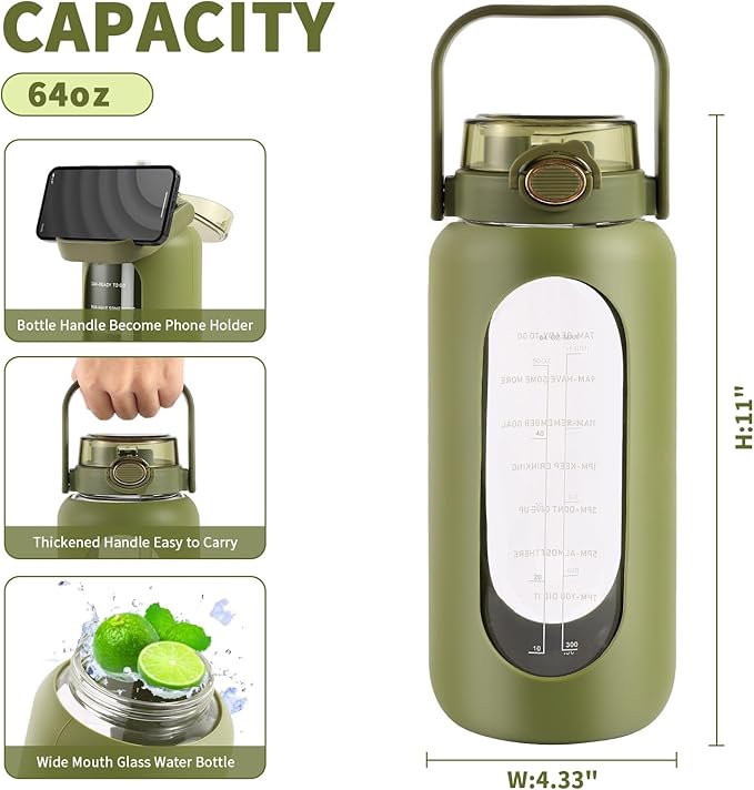 64oz Glass Water Bottle with Straw and Handle - Half Gallon Motivational Water Jug with Time Marker and Silicone Sleeve, Leak proof Wide Mouth Water Flask for Gym, Sports, and Daily Use (Green)