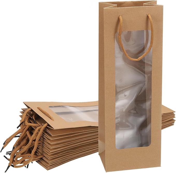 uxcell Wine Bags, 20pcs 4.92"x3.35"x14.2" Wine Gift Bags with Rope Handles, Paper Wine Tote Bag with Clear Window for Wedding Birthday Christmas Party Supplies, Wood
