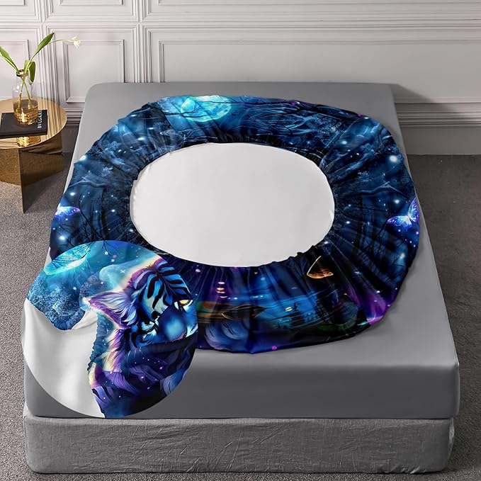 AILONEN Tiger Fitted Sheet Set Twin XL Size, Fairy Starry Forest Cute Tiger Sheet Wildlife Bed Sheet Set,3 Pieces Printed Fitted Sheet with 2 Pillowcases