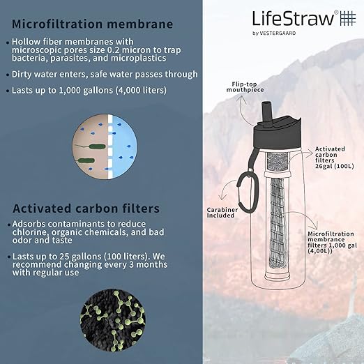 LifeStraw Go Bottle 2-Stage with Integrated 1,000 Liter LifeStraw Filter and Activated Carbon, Green, 22oz