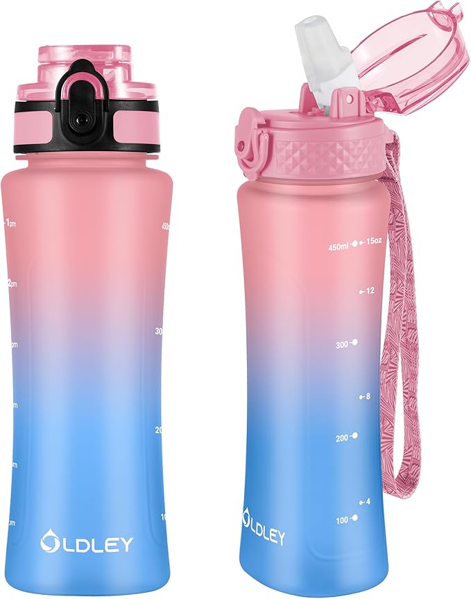 OLDLEY Kids Water Bottle for School with Straw Chug Lid, 15 oz Unbreakable Leak-Proof BPA-Free Motivational Water Bottles with Time Marker for Travel Sports Gym, 2 Lids, Candy Pink/Blueberry