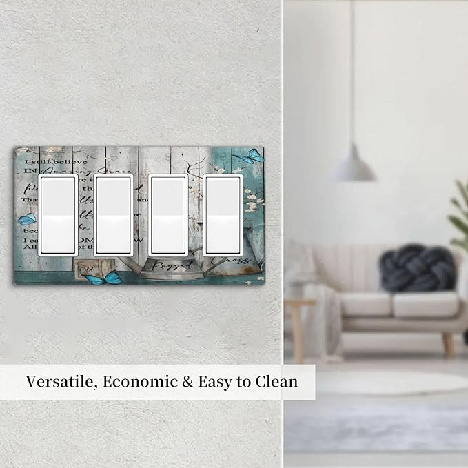 Vintage Teal Butterfly Inspirational Quotes Wood Plank 4 Gang Rocker Decora Light Switch Cover Outlet Covers Wall Plate Decorative Switchplate Electrical Faceplate GFCI for Farmhouse Bedroom Decor