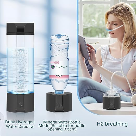 Hydrogen Water Bottle Generator with Gas Inhaler Molecular H2 Maker Machine SPE/PEM Technology Generates Real 3000ppb Pure Hydrogen Concentration Dupont Membrane Purification Vent (Black)