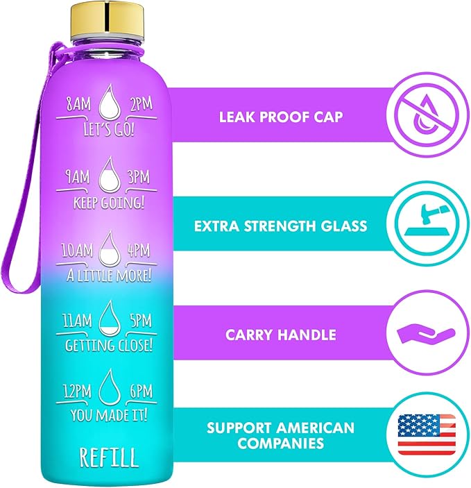 HydroMATE 32 oz Glass Water Bottle with Time Markers Reusable Leakproof Bottle with Hourly Markings 1 Liter